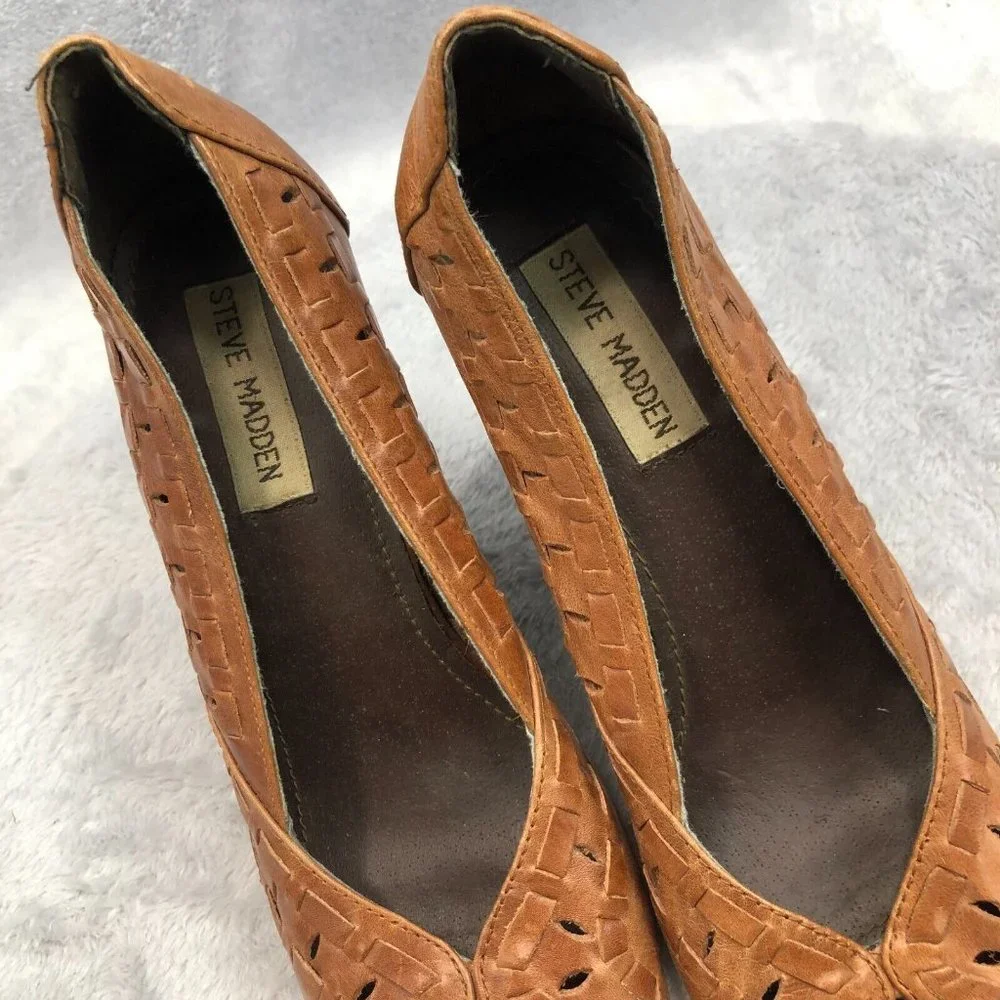 Steve Madden Brown Woven Leather Peep Toe Wedge Heels
